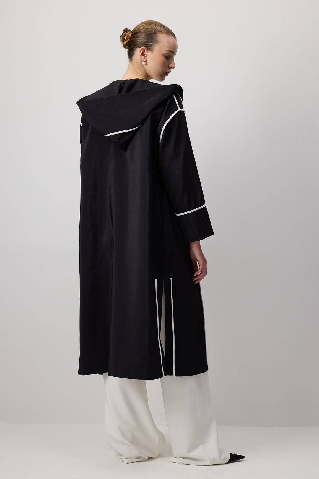 Black Hooded Cupro-Look Coat with White Contrast Trim