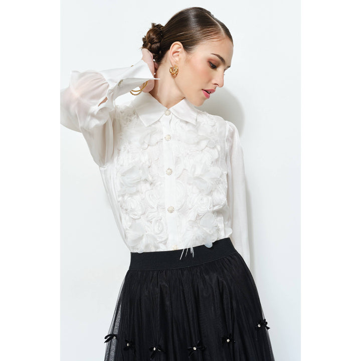 Elegant 3D Floral Organza Long Sleeve Blouse