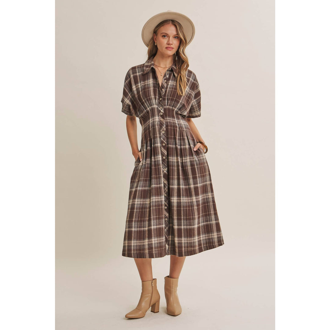 Rustic Pathway Pin-Tucked Waist Plaid Transition Dress