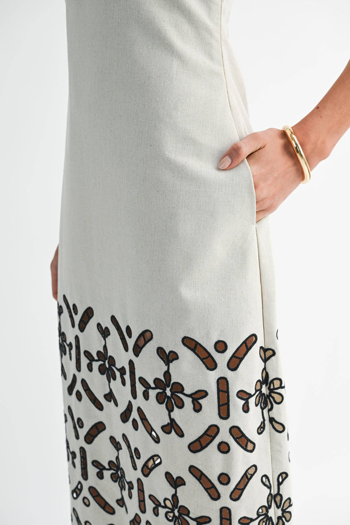 Belted Shift Dress with Embroidery