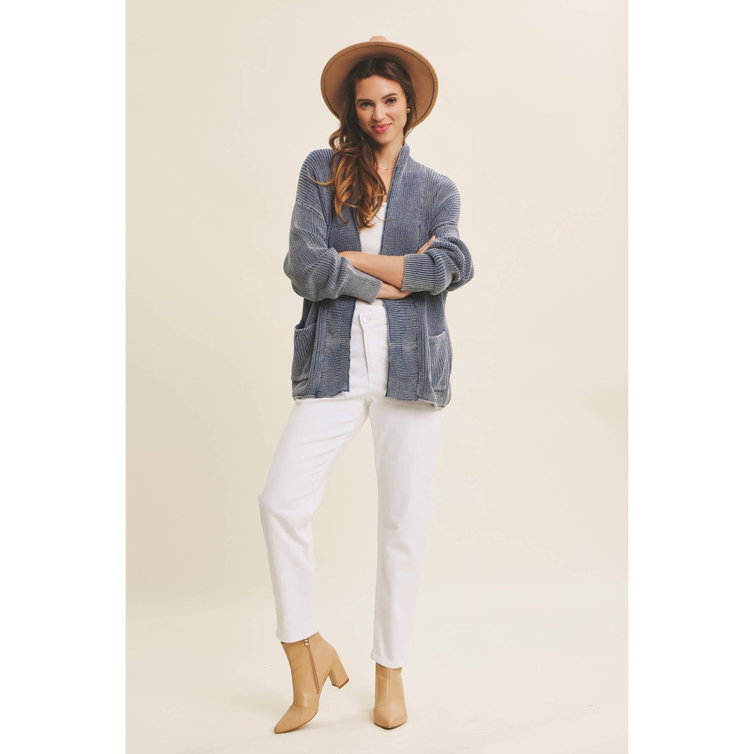 Mineral-Washed Open Front Cotton Sweater Cardigan