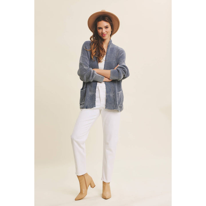 Mineral-Washed Open Front Cotton Sweater Cardigan