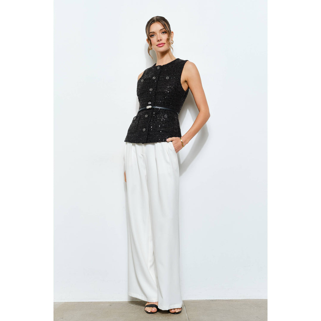 Belted Sequin Tweed Sleeveless Top