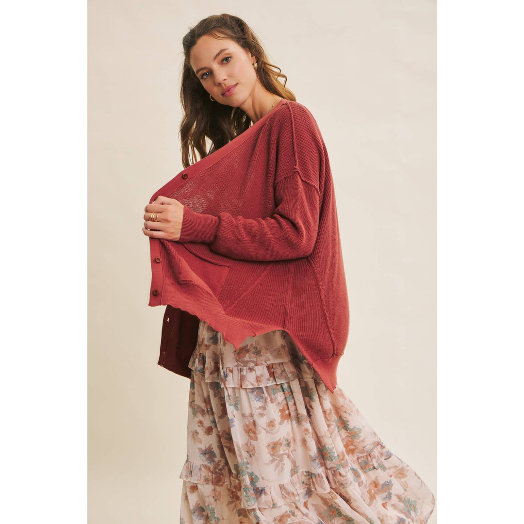 Slouchy Charm Button-Down Cardigan With Contrast Weave