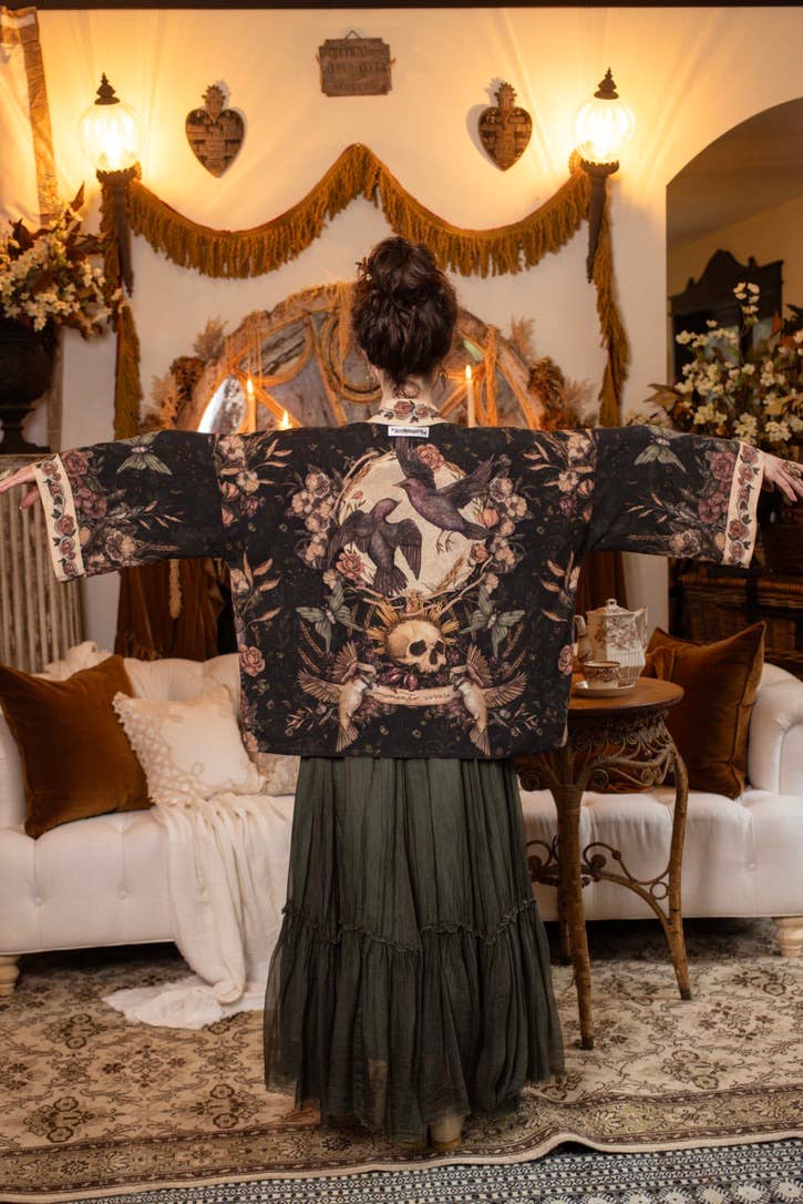 Momento Pixie Duster Crop Kimono w/ Floral, Starling & Skull