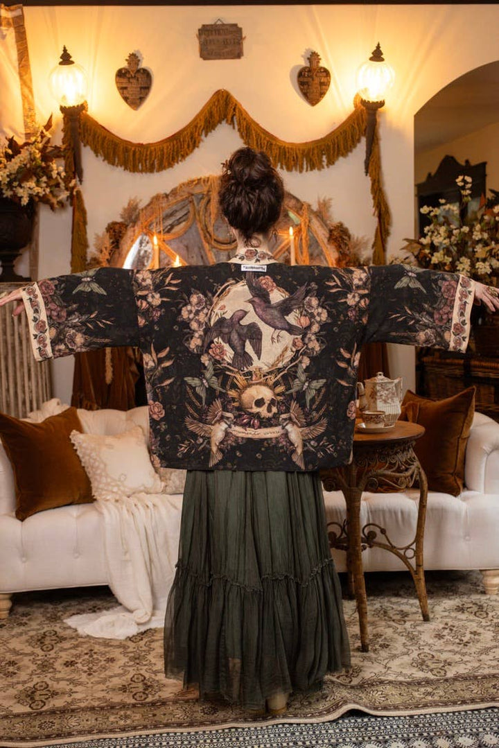 Momento Pixie Duster Crop Kimono w/ Floral, Starling & Skull