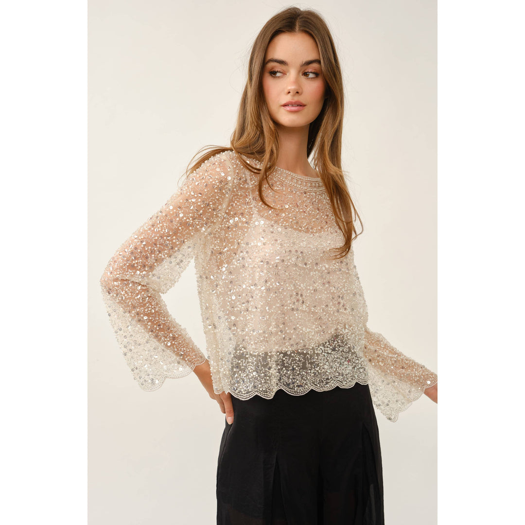 Fully Embellished Sequin & Pearl Scalloped Mesh Top
