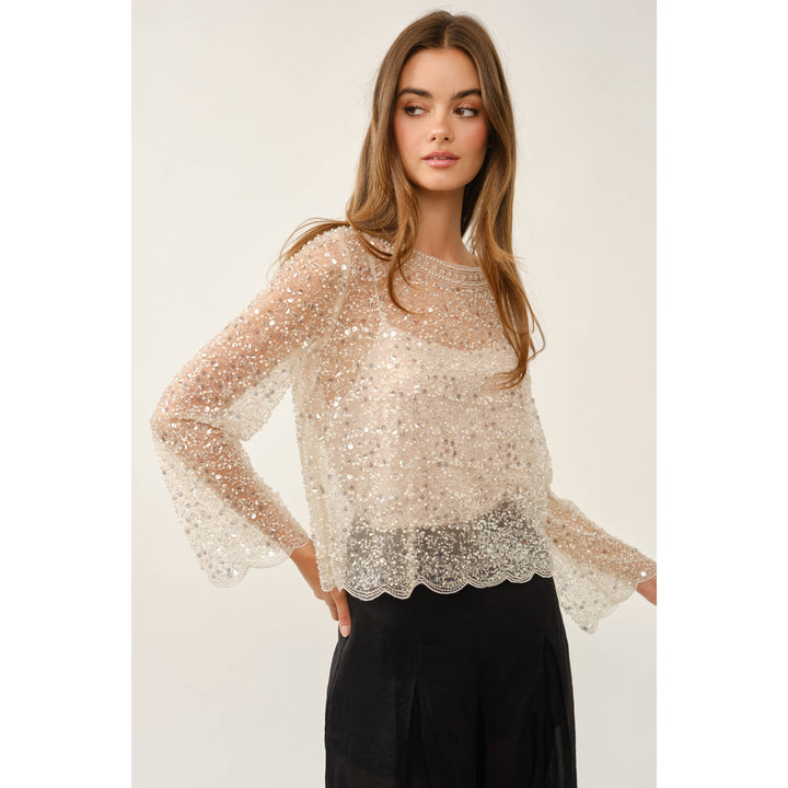 Fully Embellished Sequin & Pearl Scalloped Mesh Top