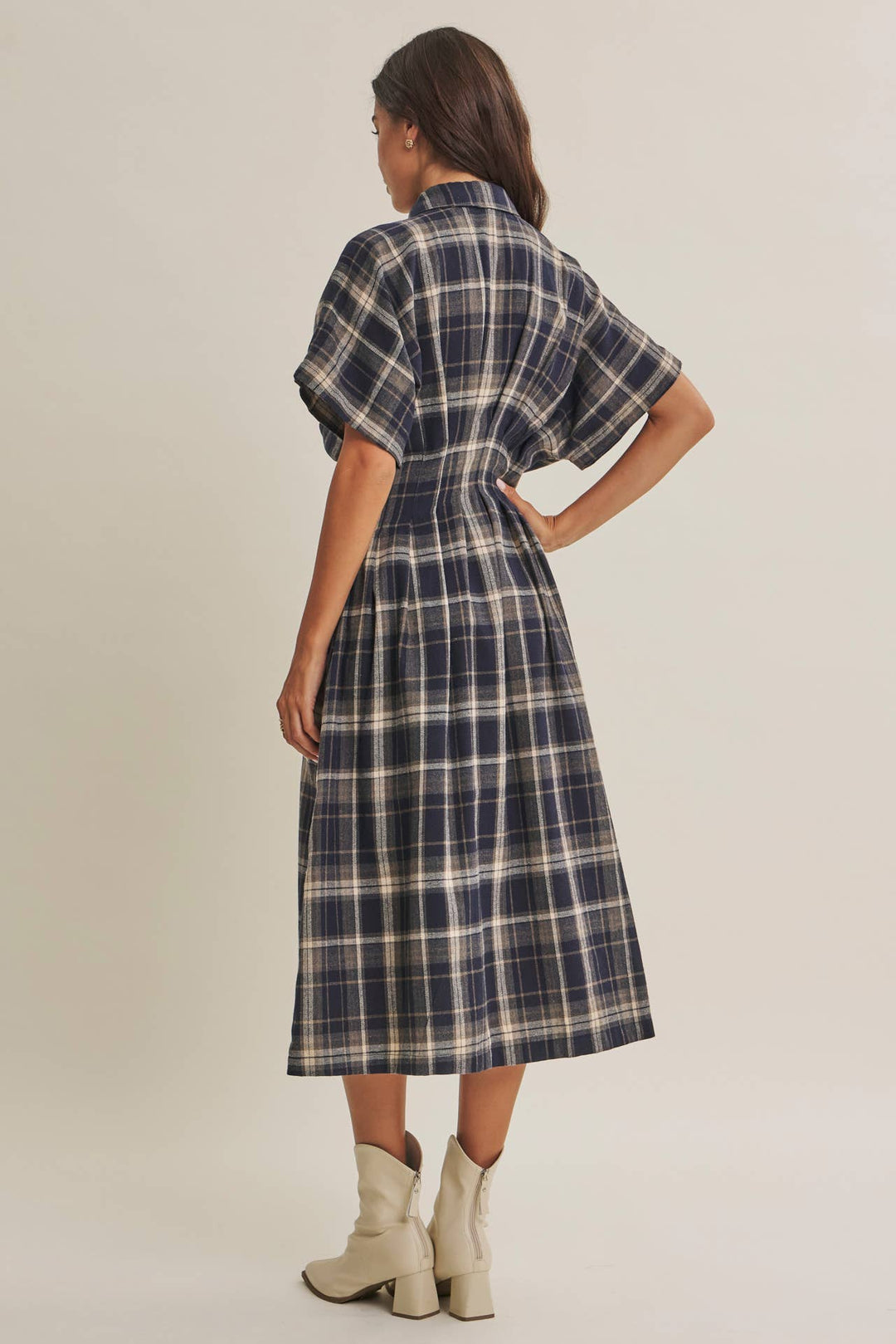 Rustic Pathway Pin-Tucked Waist Plaid Transition Dress
