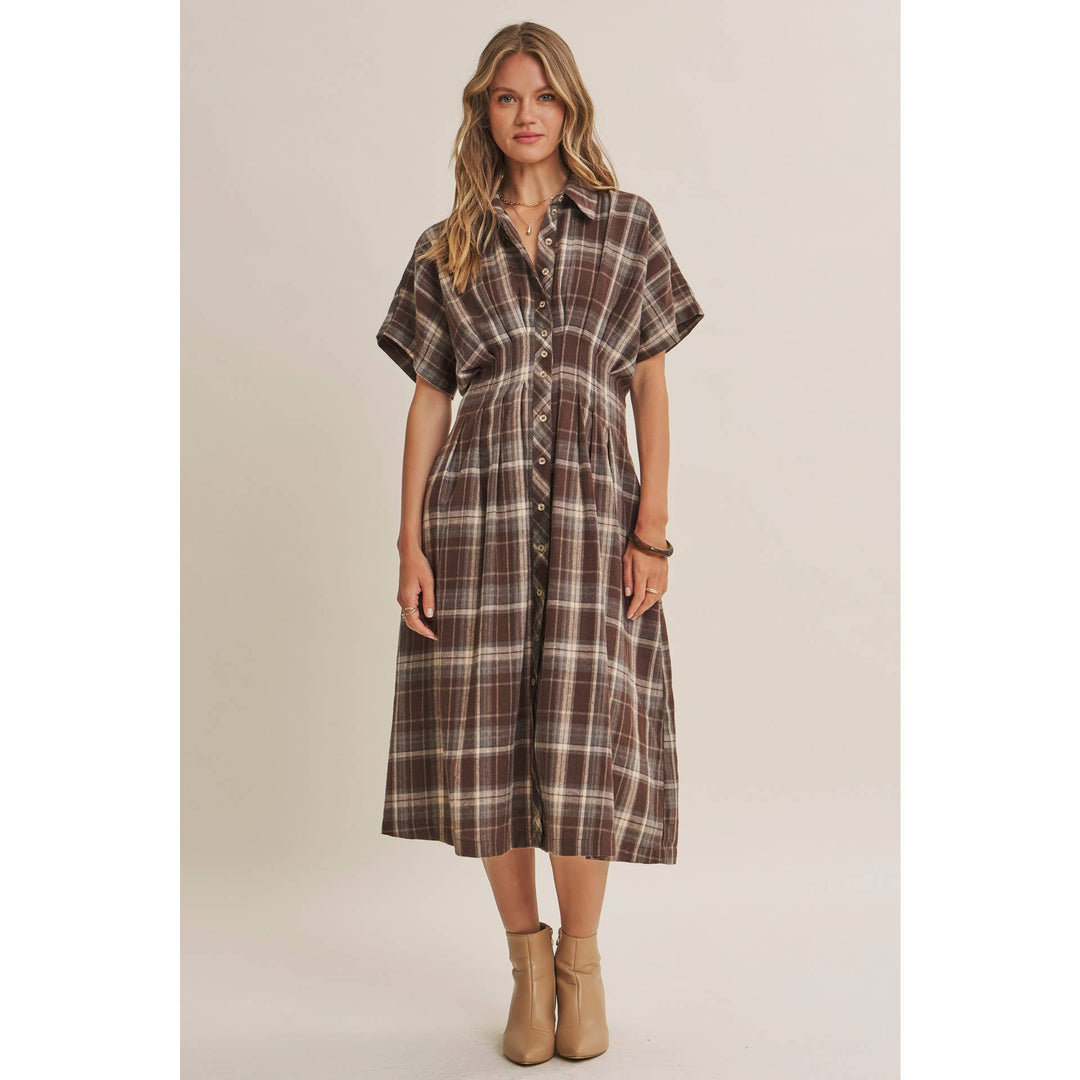 Rustic Pathway Pin-Tucked Waist Plaid Transition Dress