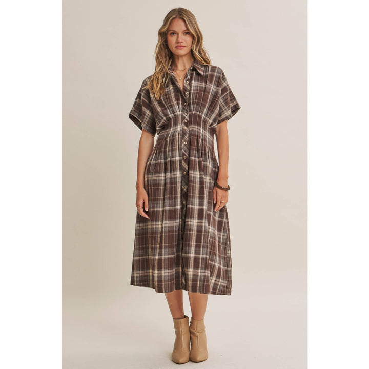 Rustic Pathway Pin-Tucked Waist Plaid Transition Dress