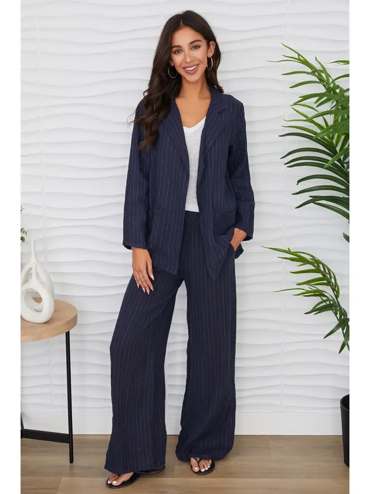 Pinstripe Linen Open Blazer