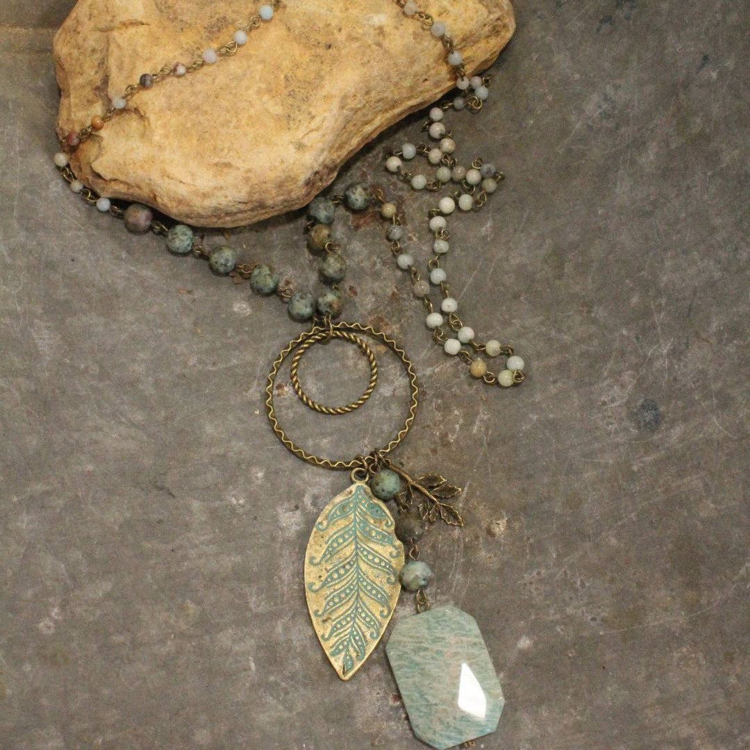 Verdigris Leaf & Beaded Stone Pendant Drop Necklace