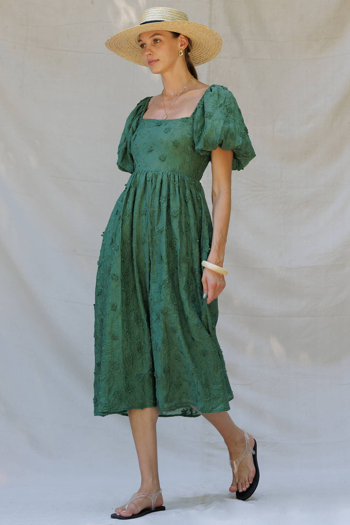 Embroidered Puff-Sleeve Midi Dress
