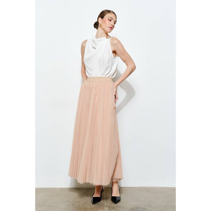 Chic Mesh Sheer Pleated Tulle Maxi Skirt