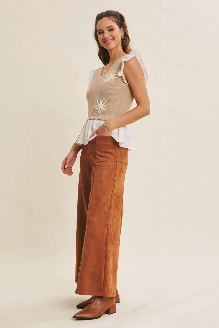 Easy to Love Embroidery Ruffle-Sleeve Mixed Sweater Top