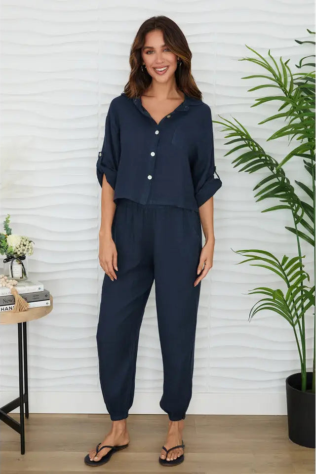 Linen Button Up Roll Tab Sleeve Top with Front Pocket
