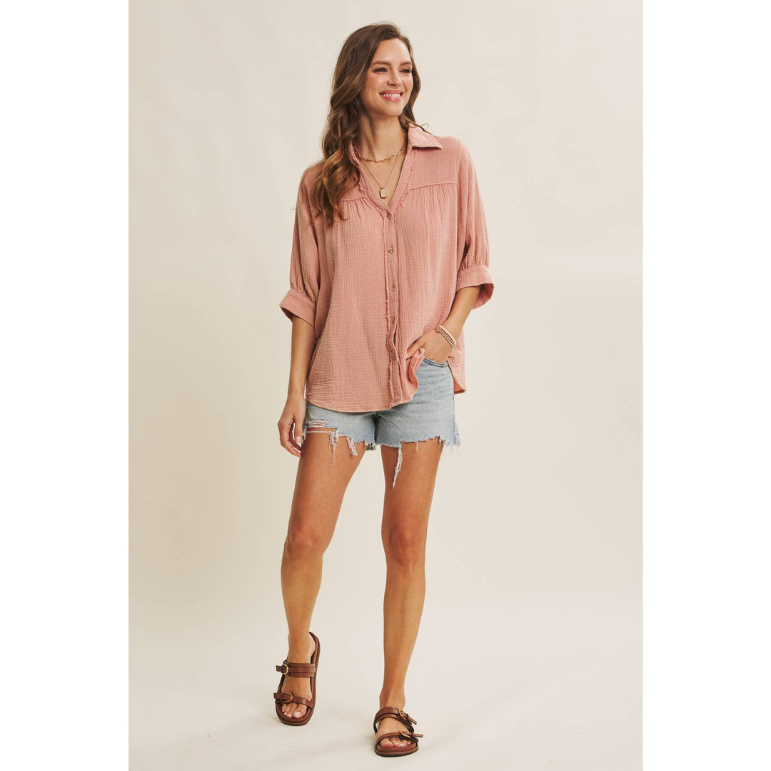 Breathable Mineral Washed Cotton Gauze Button Down Shirt