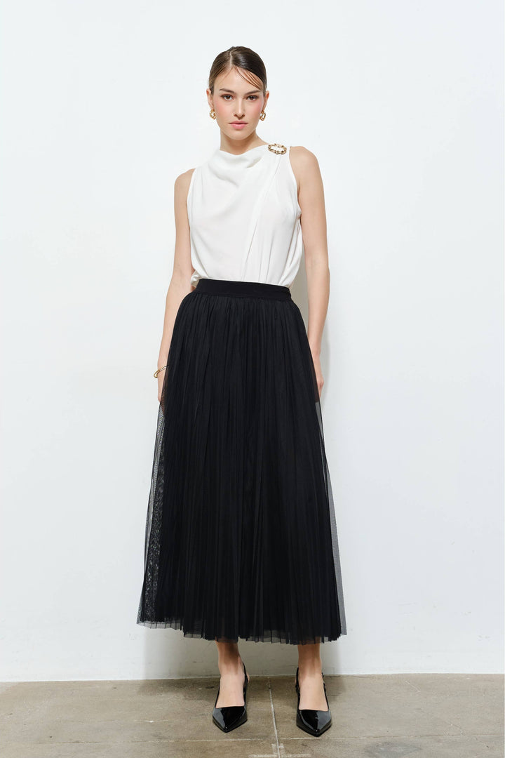 Chic Mesh Sheer Pleated Tulle Maxi Skirt