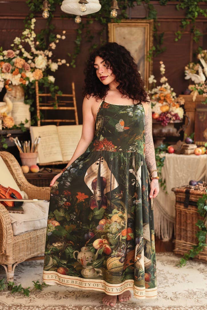 Labour of Love Bohéme Maxi Slip Dress w/ florals & violin