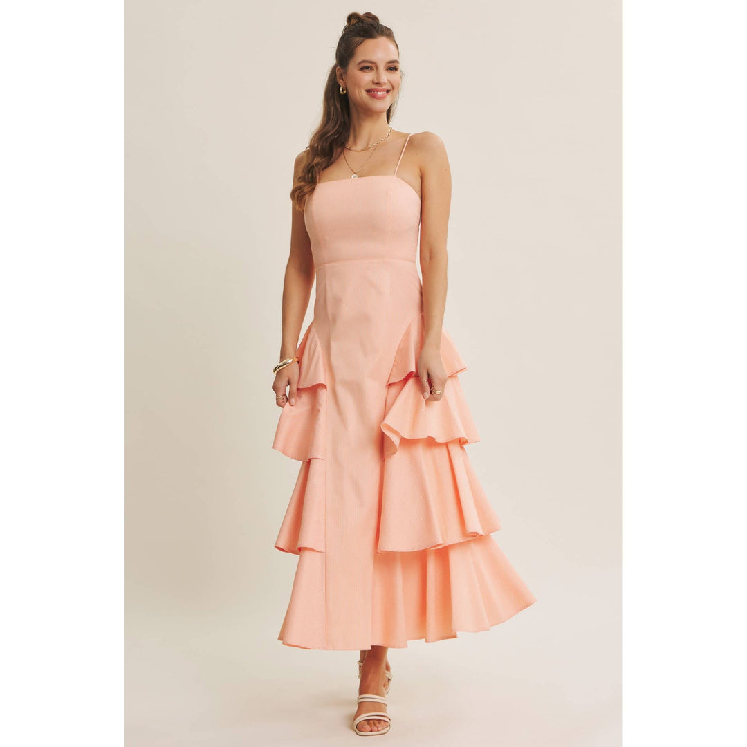 Clean Lines Meets Playful Side-Tiered Ruffle Maxi Dress