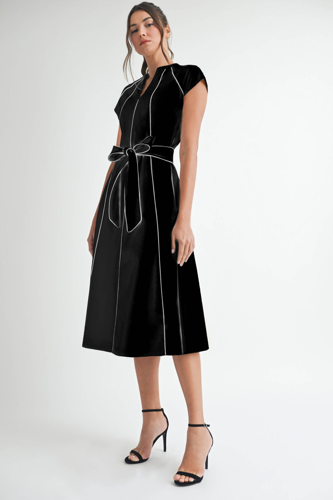 Linen Stripe Midi Dress Black / S / LD1788 Linen Stripe Midi Dress Black / S / LD1788
