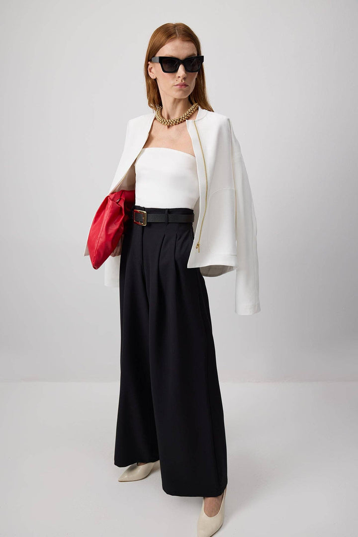 High-Waisted Pleated Crepe Trousers