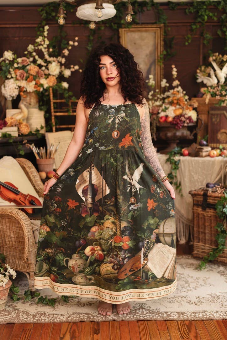 Labour of Love Bohéme Maxi Slip Dress w/ florals & violin