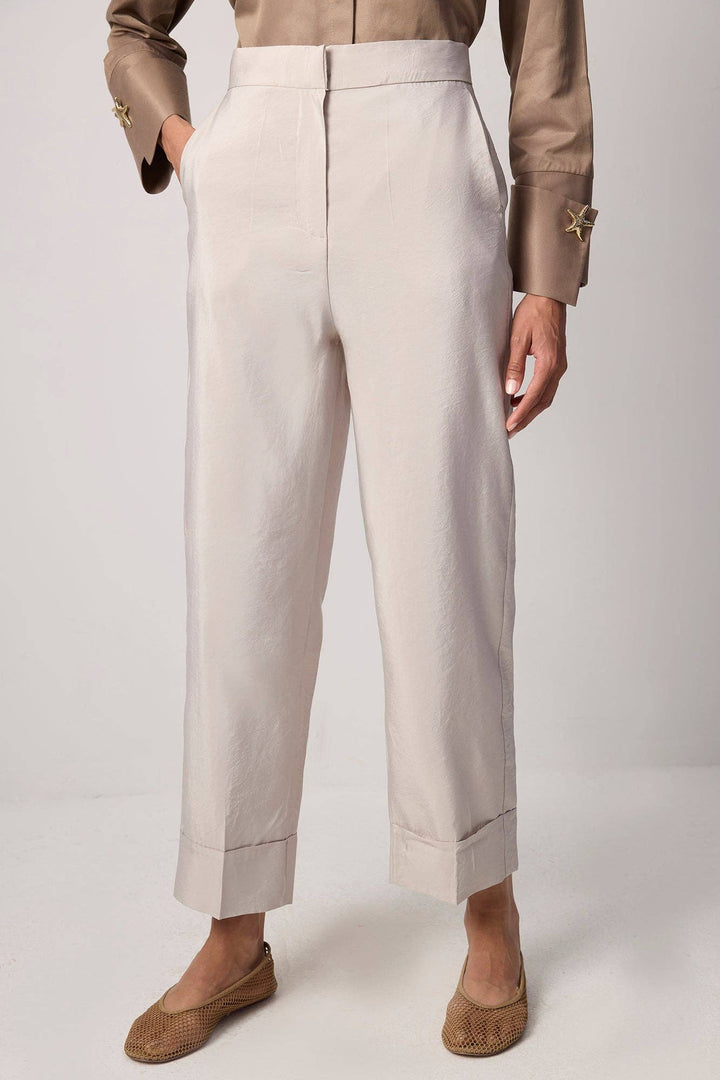 Cupro-Look Wide-Leg Pants with Cuffed Hem