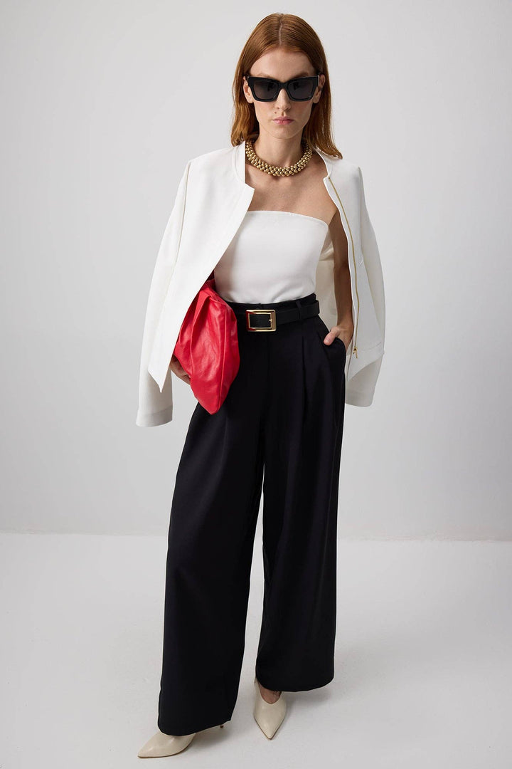 High-Waisted Pleated Crepe Trousers