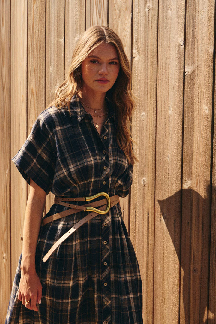 Rustic Pathway Pin-Tucked Waist Plaid Transition Dress