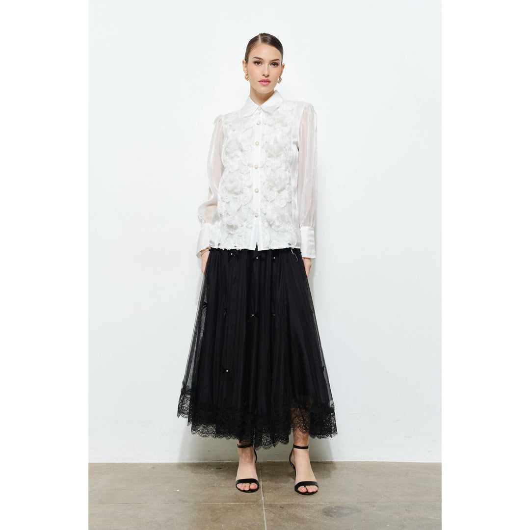 Elegant 3D Floral Organza Long Sleeve Blouse