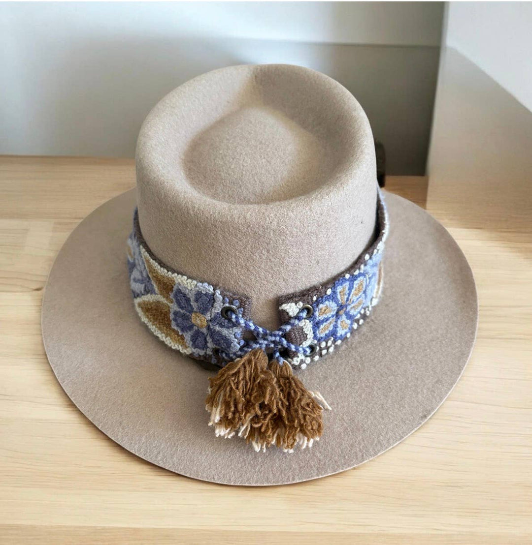 Embroidered Hat Band with Tassels - Terracota Blues