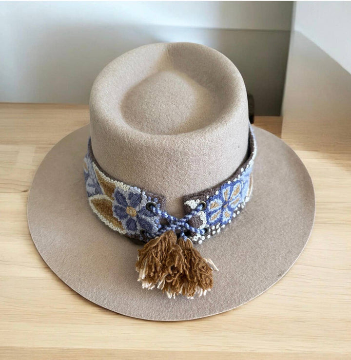 Embroidered Hat Band with Tassels - Terracota Blues