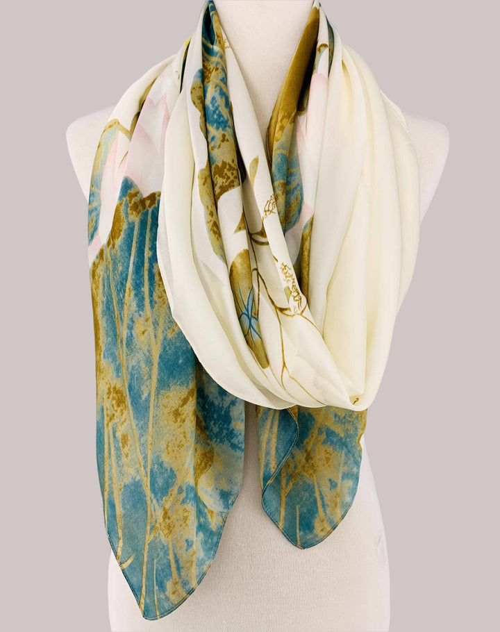 Silk-Feeling Lotus Floral & Leaf Scarf