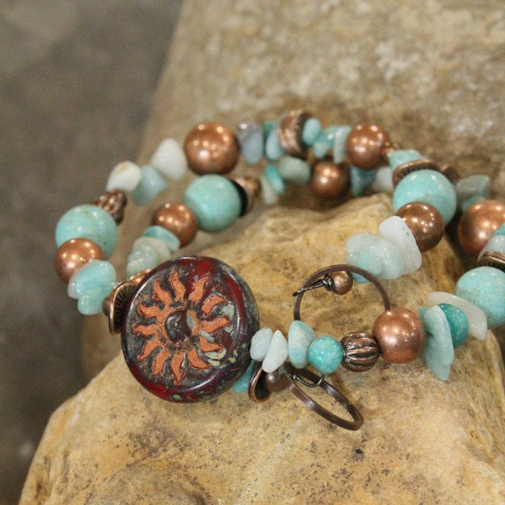 Copper Drop Tribal Pattern Czech Wrap Bracelet