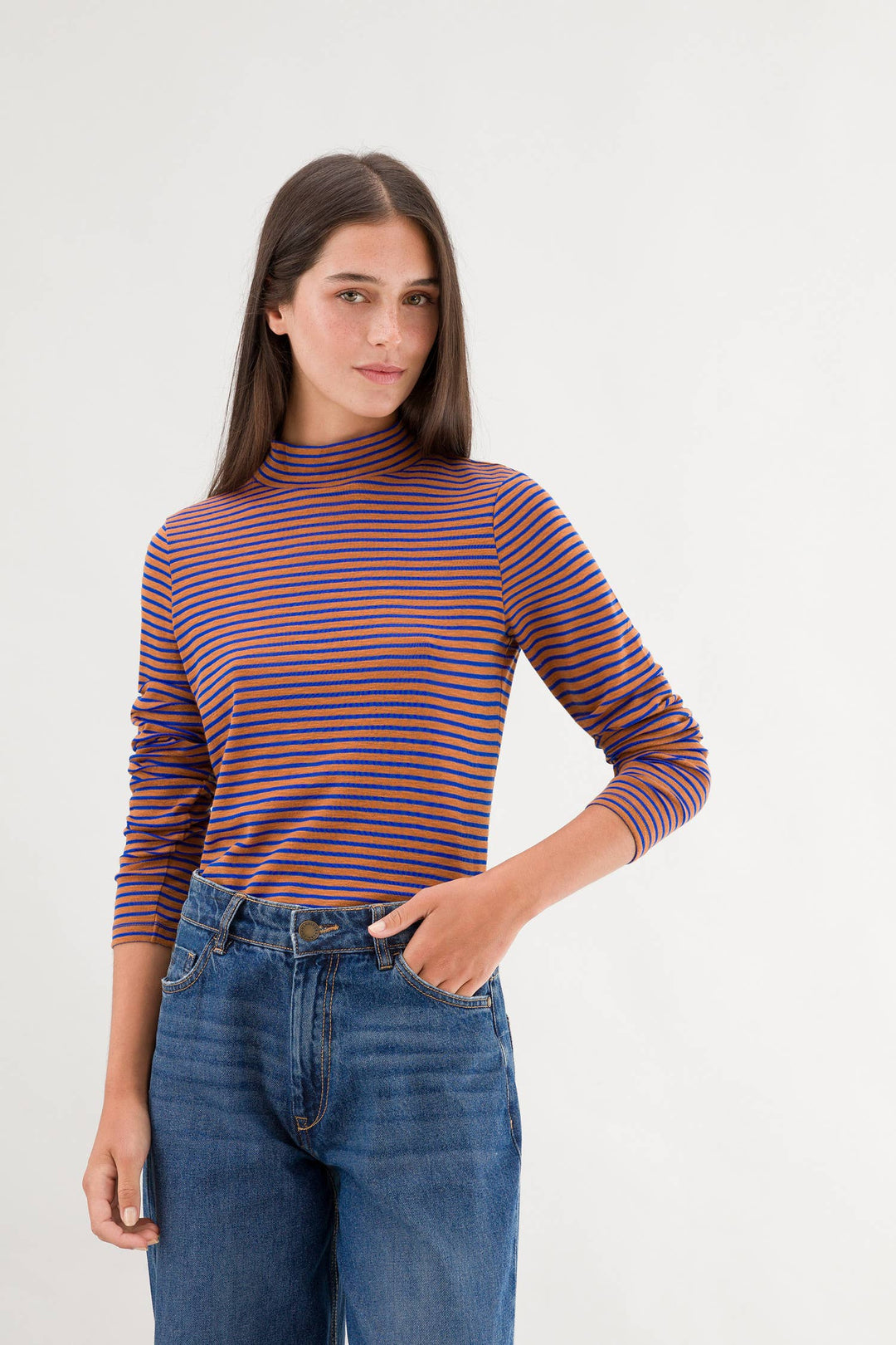 Striped T-Shirt with High Collar - Tangerine & Blue