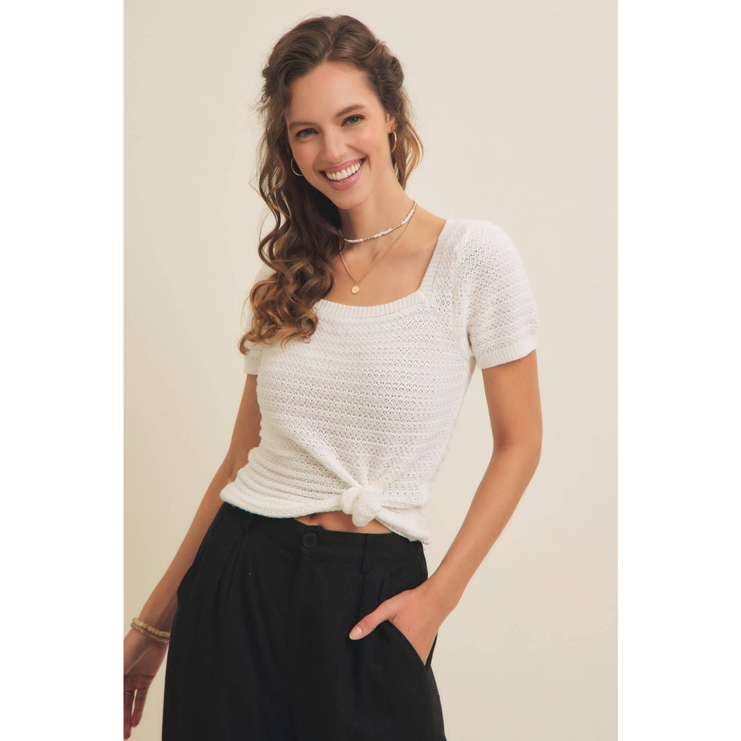 Square Neck Cotton Sweater with Special Weaving
