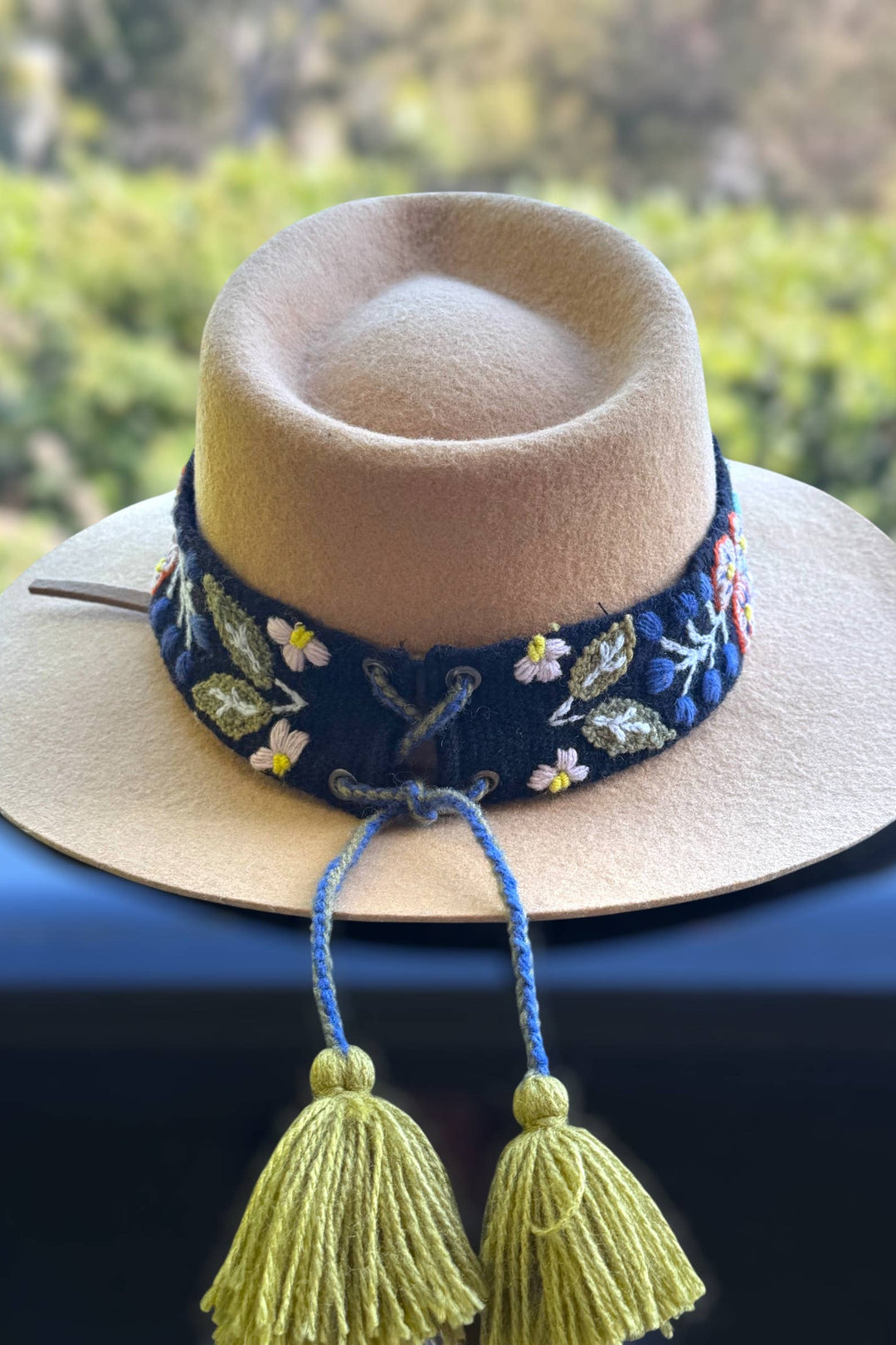 Embroidered Hat Band with Tassels - Midnight Meadow