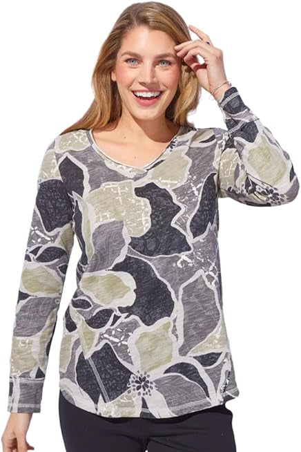 Floral Cotton Slub Laid Back V Neck