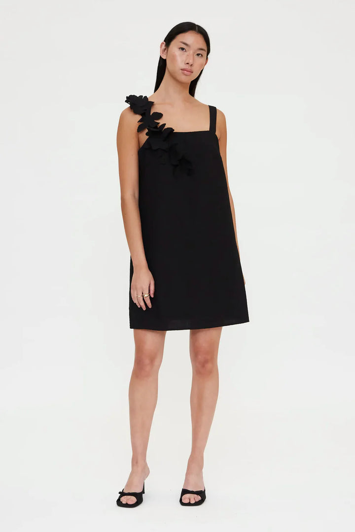 Short Dress With Black Floral Detail