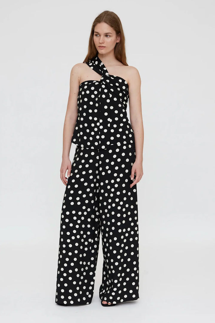 Asymmetrical top with black and white polka dot print
