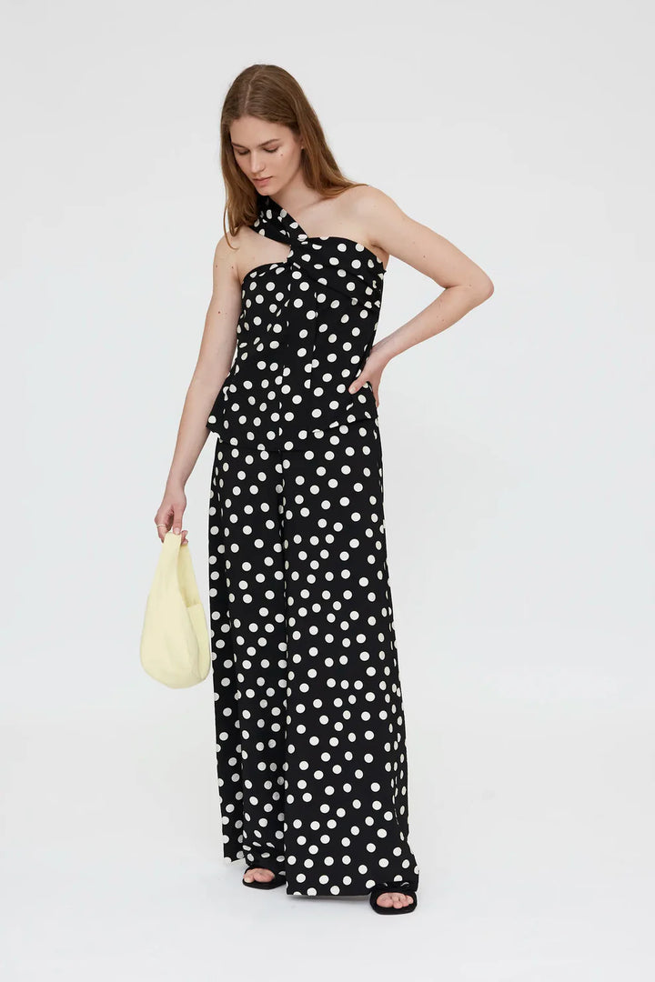 Asymmetrical top with black and white polka dot print