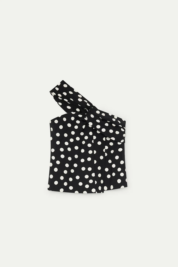 Asymmetrical top with black and white polka dot print