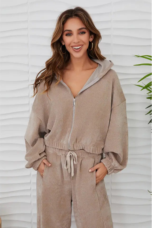 Waffle Pattern Zip Up Hoodie