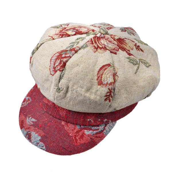 Ladies Tapestry Floral Baker Boy Cap Cream & Red Brocade