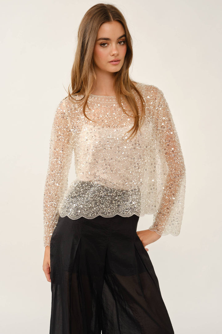 Fully Embellished Sequin & Pearl Scalloped Mesh Top