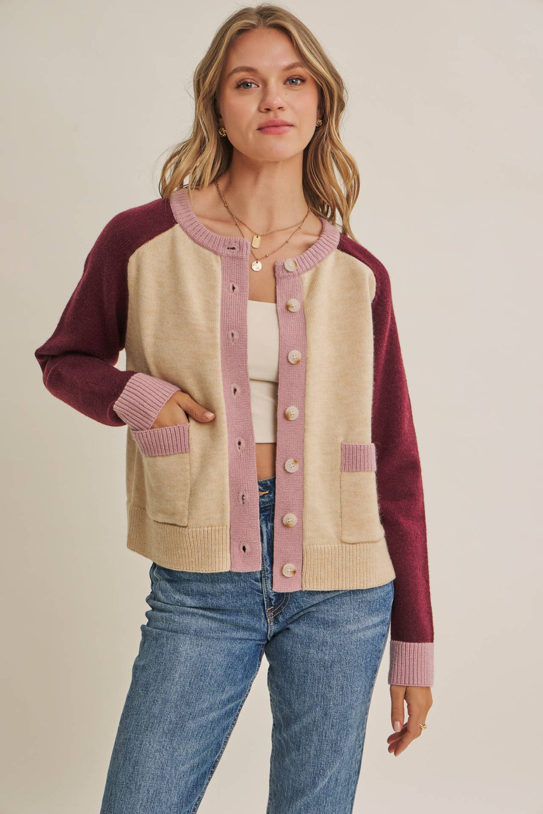 Morning Light Cafe Wool Blend Color Block Cardigan