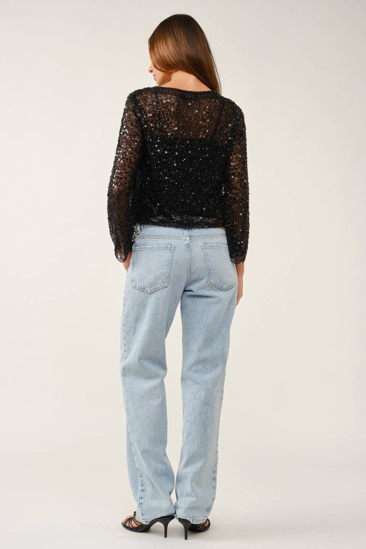 Fully Embellished Sequin & Pearl Scalloped Mesh Top