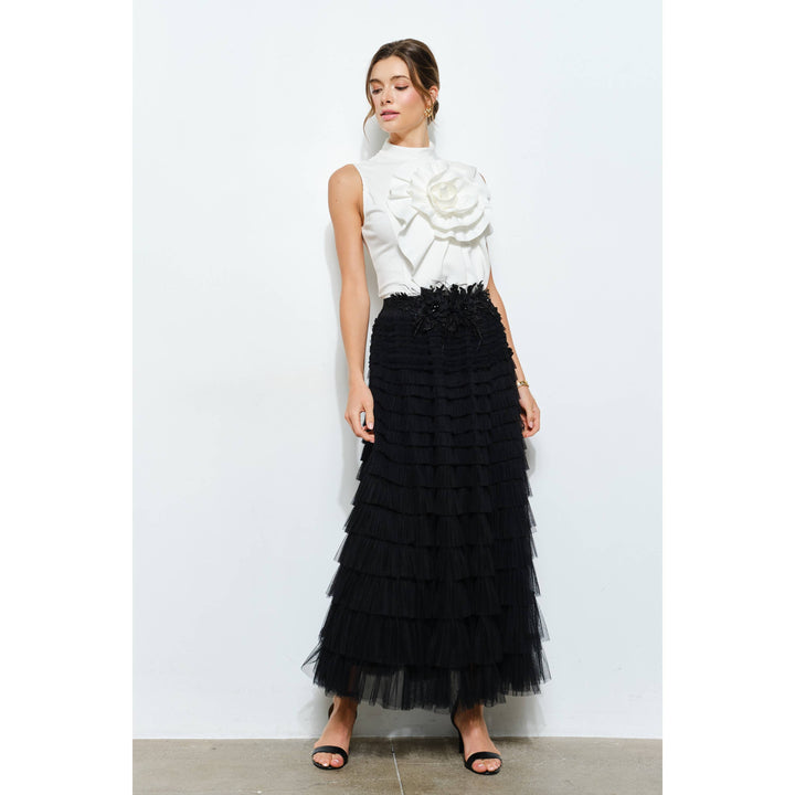 Floral Applique Pleated High-Neck Top